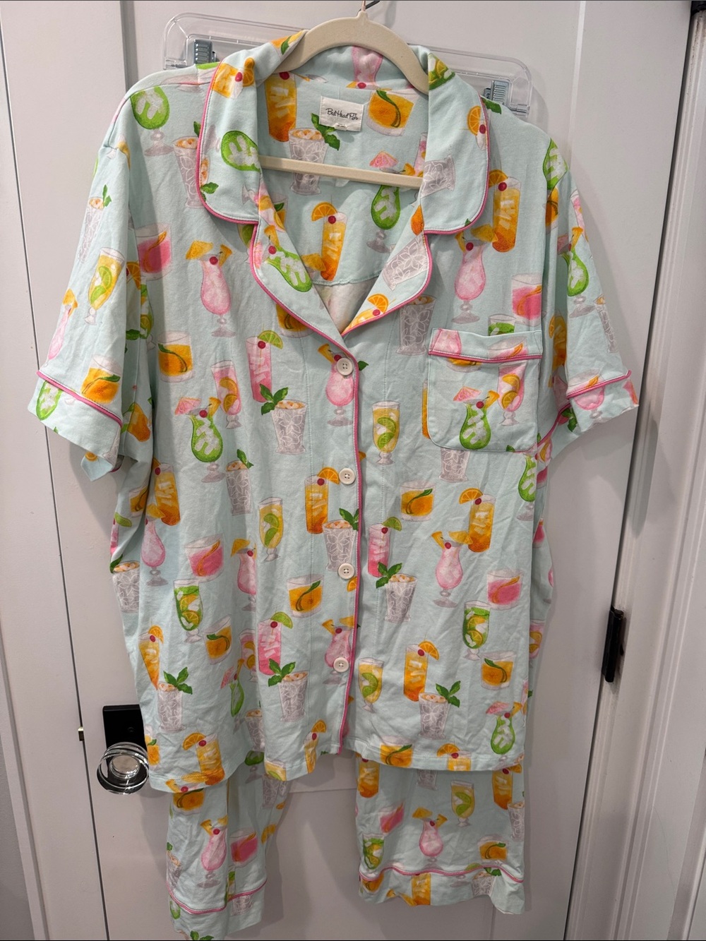 BedHead mint Tropical Drink Print Cotton Pajama Set with Pink Piping